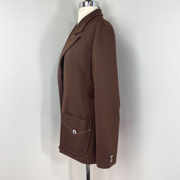 Vintage Chocolate Brown Double Polyester Jacket Blazer Med Unlined Wide Lapel - Picture 8 of 13